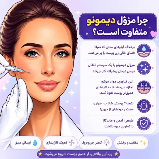 اینفوگرافی تفاوت مزوژل دیمونو با فیلرهای معمولی
